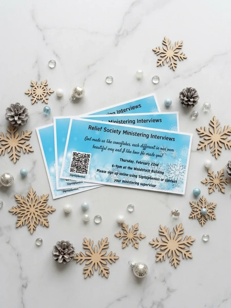 Relief Society Winter Ministering Interviews flyer preview, snowflake theme